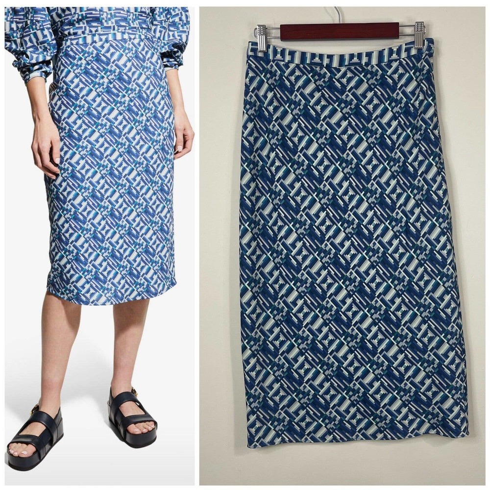 NWT Toccin Graphic Bias Midi Skirt Size S Blue White Geometric Print